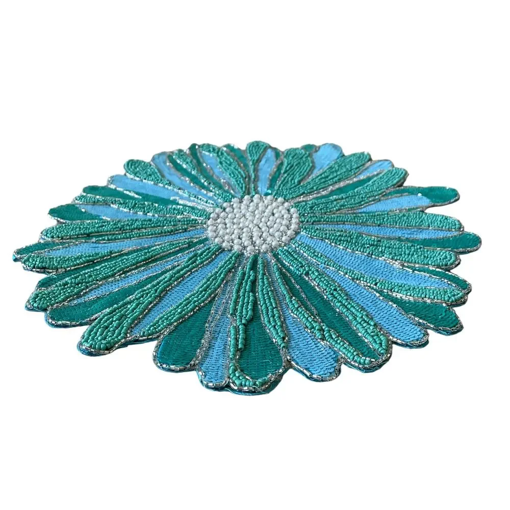 TAHARI HOME Glass Hand Beaded Charger Placemat 15in Blue Green Silver Floral NEW